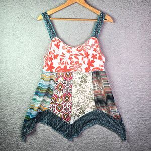 Hand Jive Patchwork Top Multicolor XXL Boho Handkerchief Hem Wearable Art